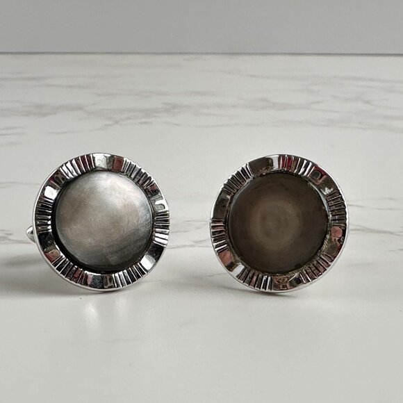 Vintage Swank 1950s Silver & Grey Mother Of Pearl Cufflinks With Ribbed Edge Des - Picture 8 of 9